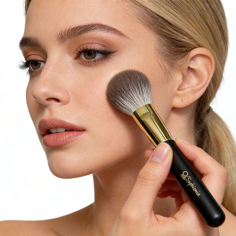 A woman is using a Sophienia makeup brush.