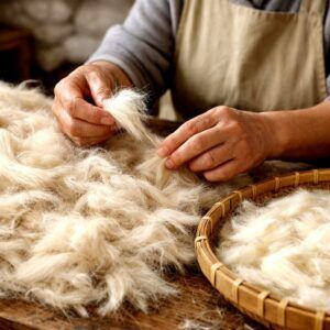 Sorting raw wool with both hands in a woven basket, preparing natural fibers for the traditional crafting of makeup brushes.