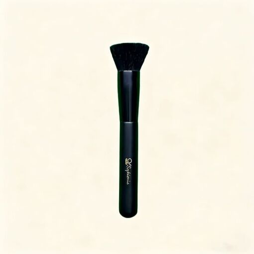 Black flat-top foundation makeup brush with Sophienia brand name on handle against cream background