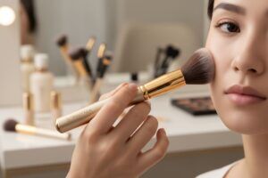 Woman applying blush to her cheek with Sophienia gold makeup brush at vanity with cosmetics in background
