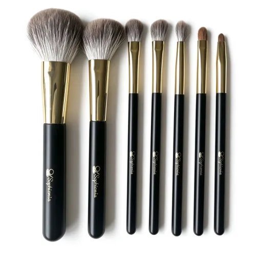 Seven-piece everyday makeup brush set arranged upright