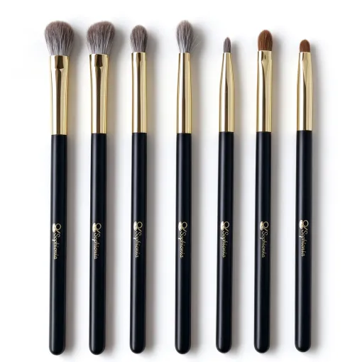 Seven-piece complete eye brush set shown upright